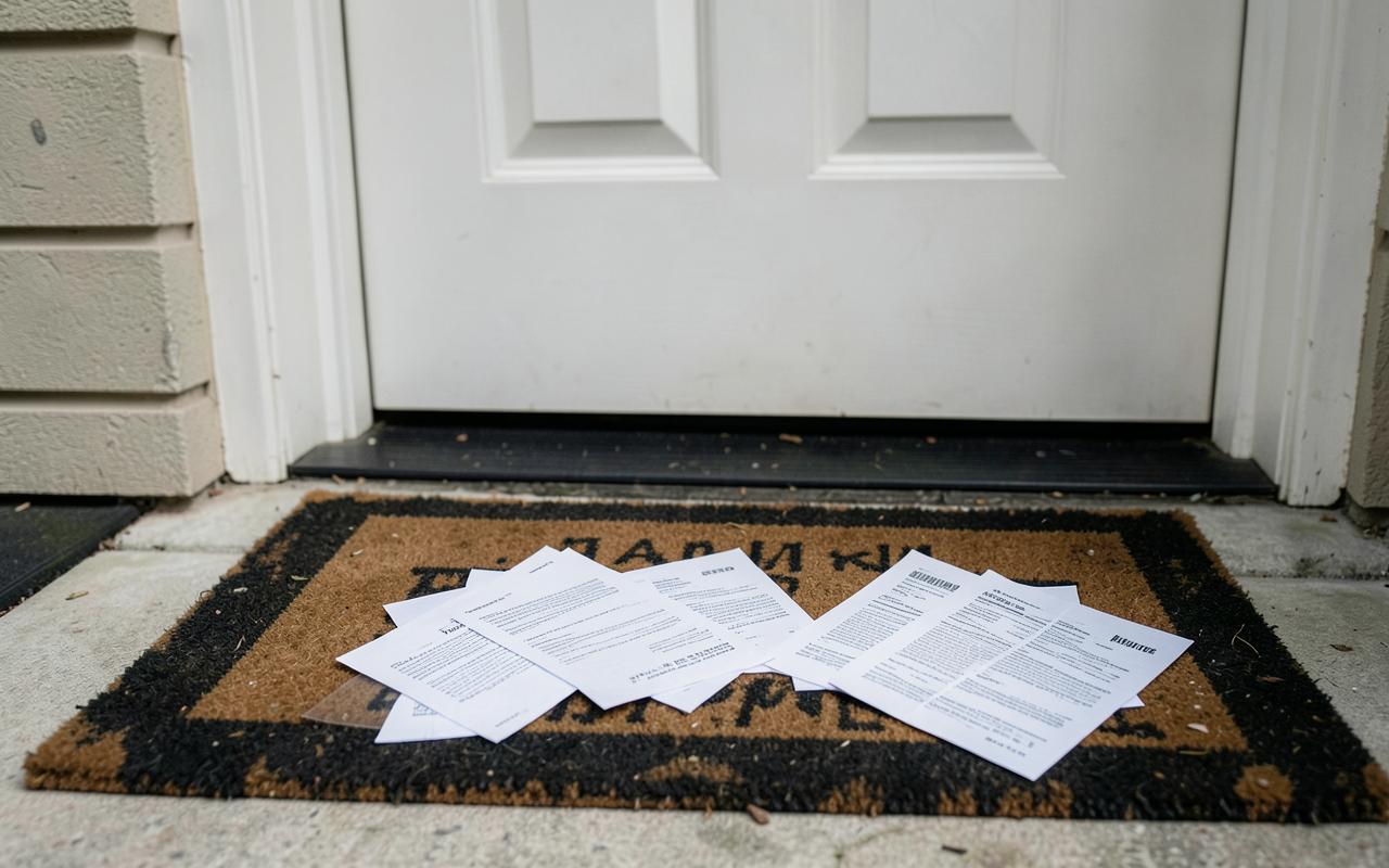Unopened letters lying on a doormat inside a front door
