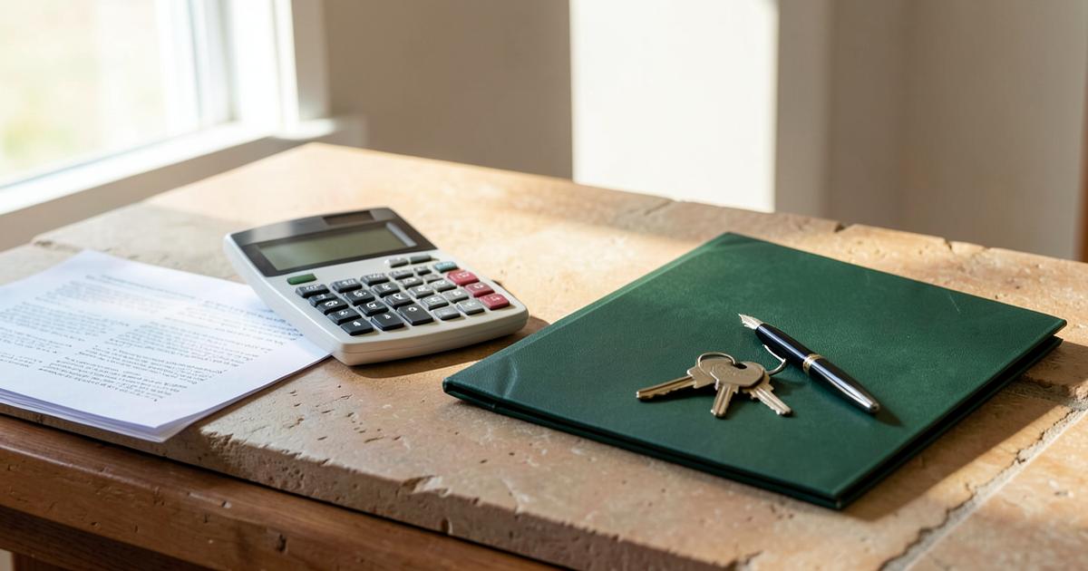Calculator, paperwork and house keys on a desk