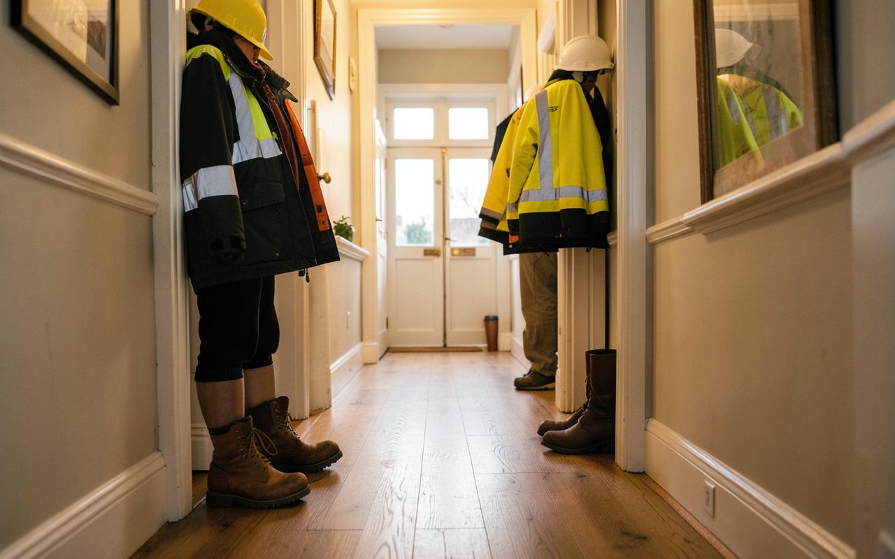 Hard hats, hi-vis jackets and work boots in the hallway of a tidy house
