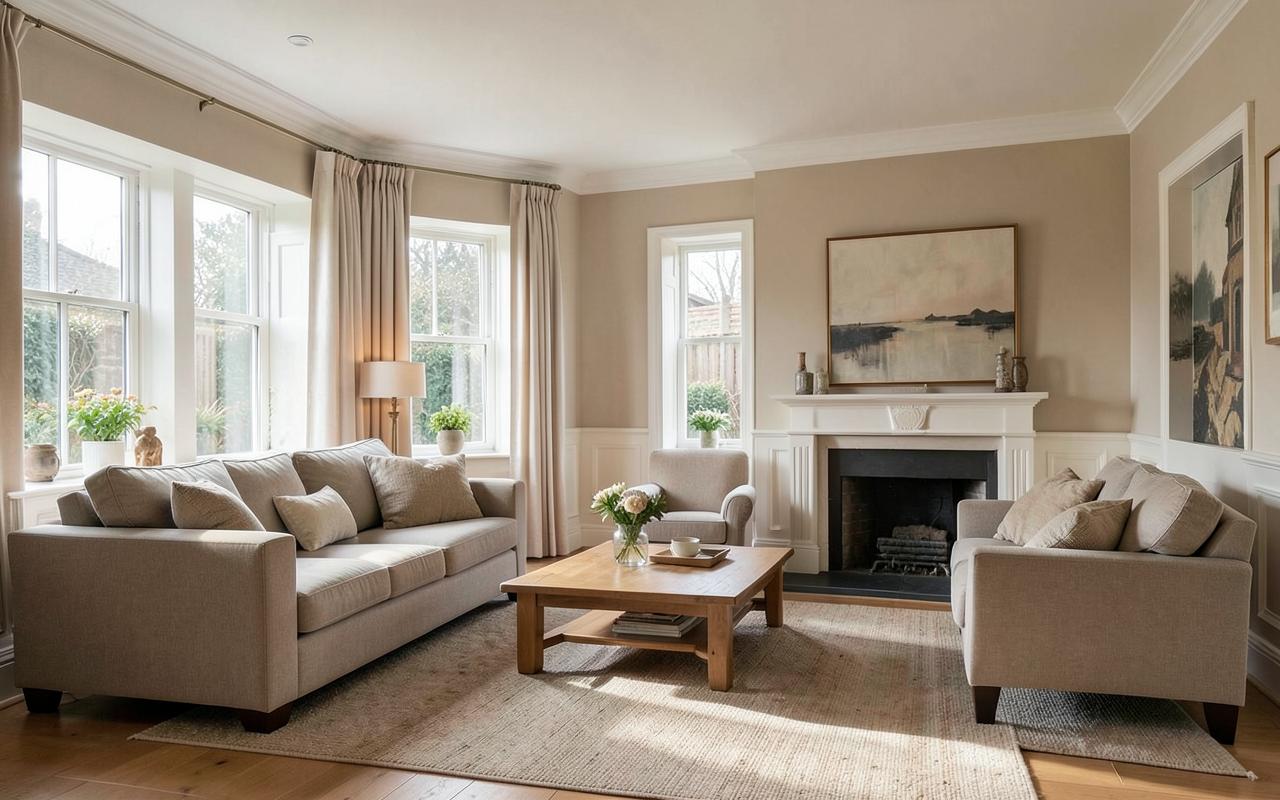 A warm, neutrally furnished family living room in daylight