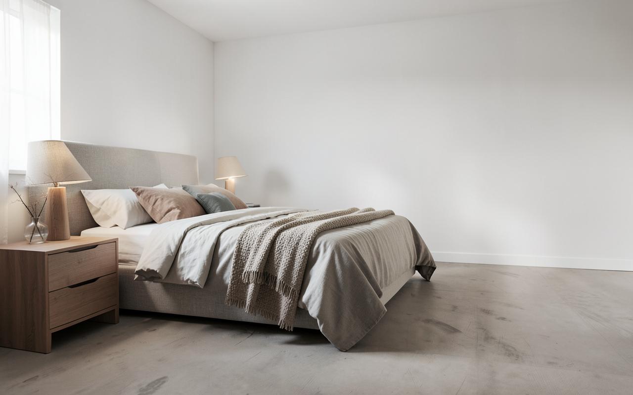 A part-furnished bedroom, one half made up and the other bare
