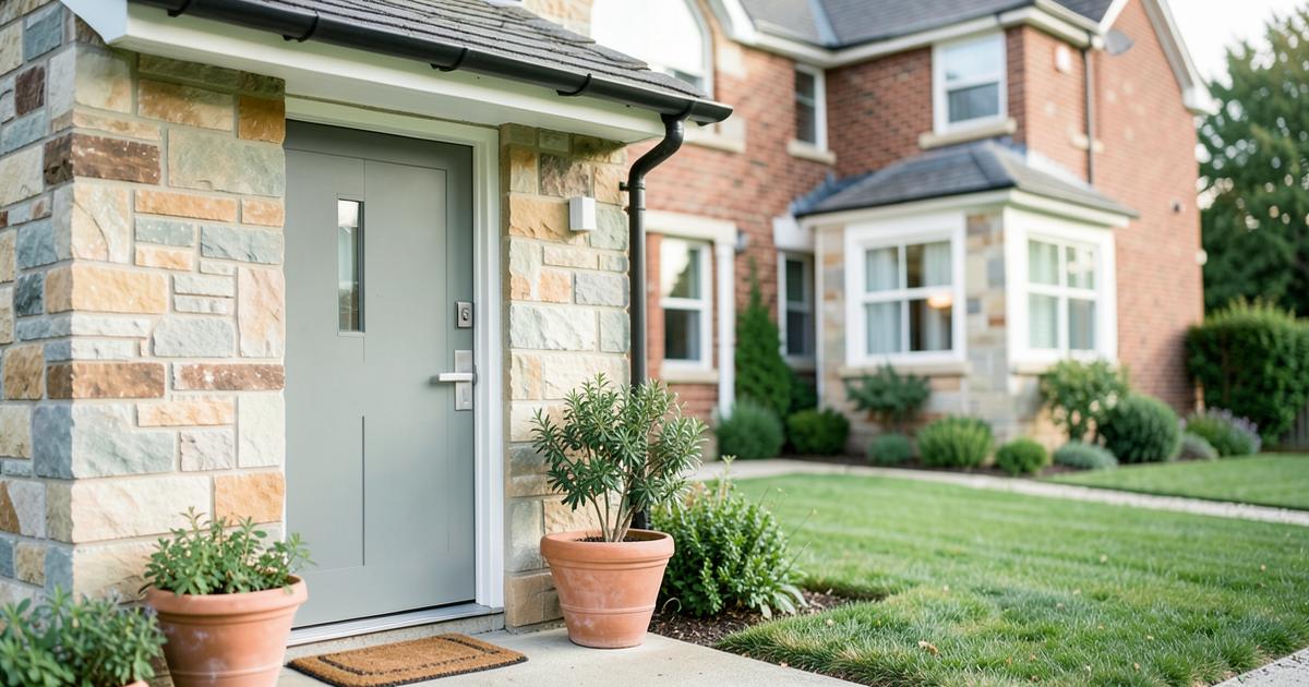Small modern home entrance with a larger family house behind