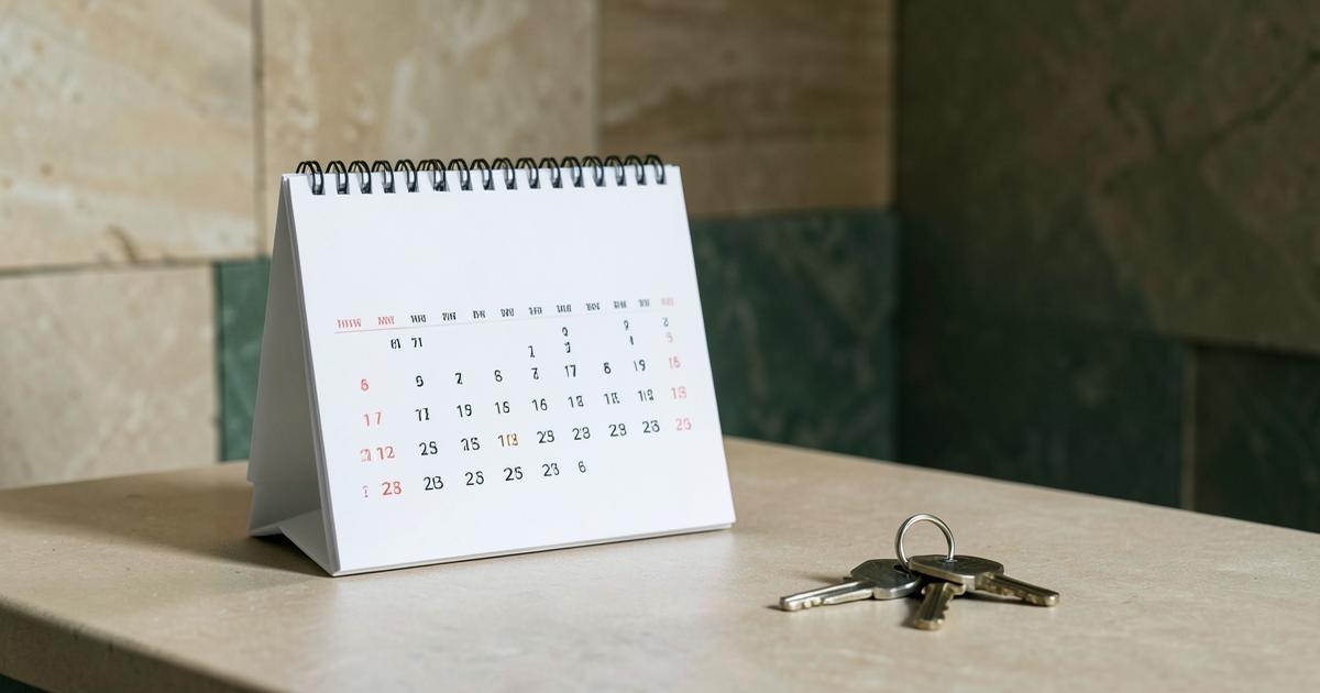 A desk calendar beside a set of house keys