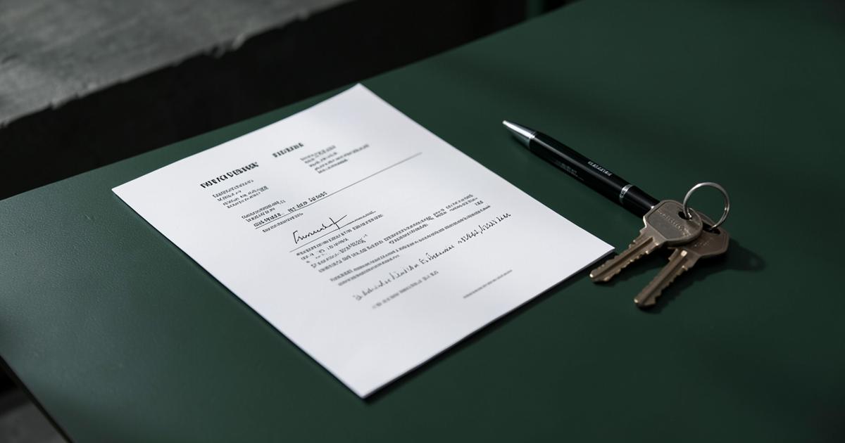 A signed lease document and house keys on a green desk