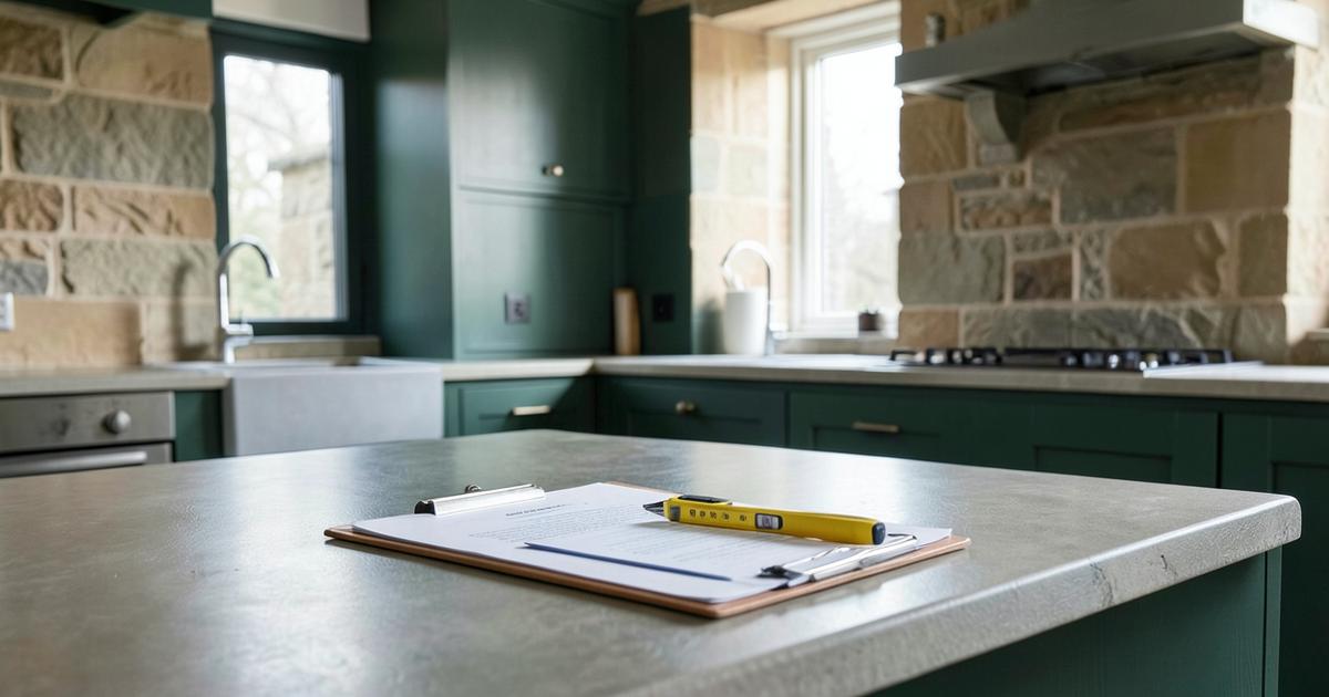 A clipboard and tape measure on a kitchen worktop in an empty house