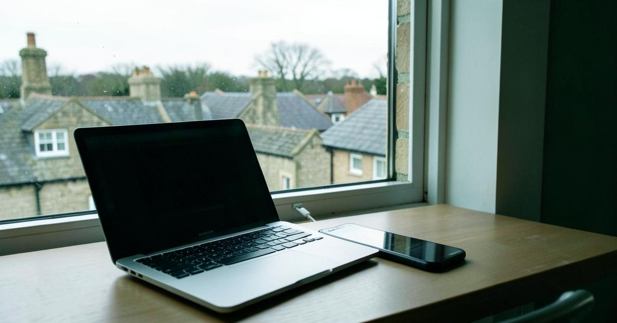 A laptop and phone on a desk beside a window overlooking rooftops