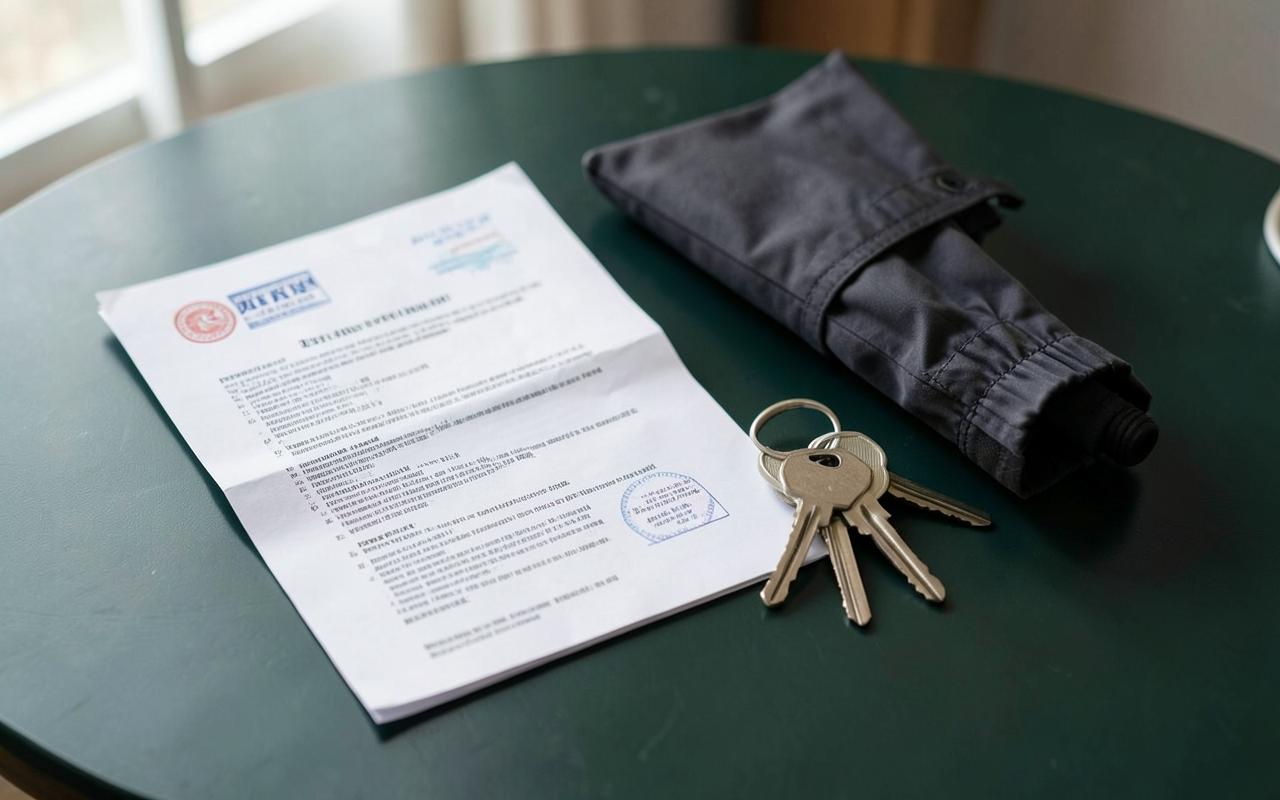 An insurance policy document, umbrella and house keys on a dark green table