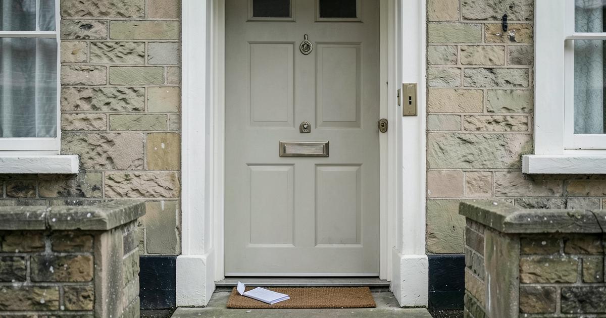 Front door of a terraced house with post on the mat