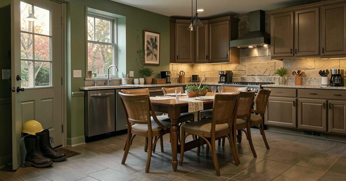 A furnished family kitchen with work boots and a hard hat by the door